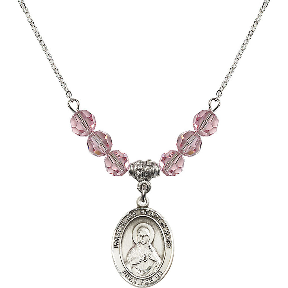 Sterling Silver Immaculate Heart of Mary Birthstone Necklace with Light Rose Beads - 8337
