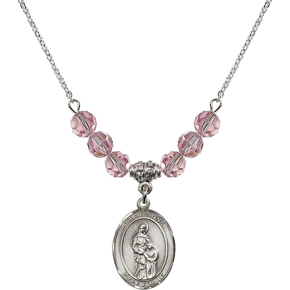Sterling Silver Saint Anne Birthstone Necklace with Light Rose Beads - 8374