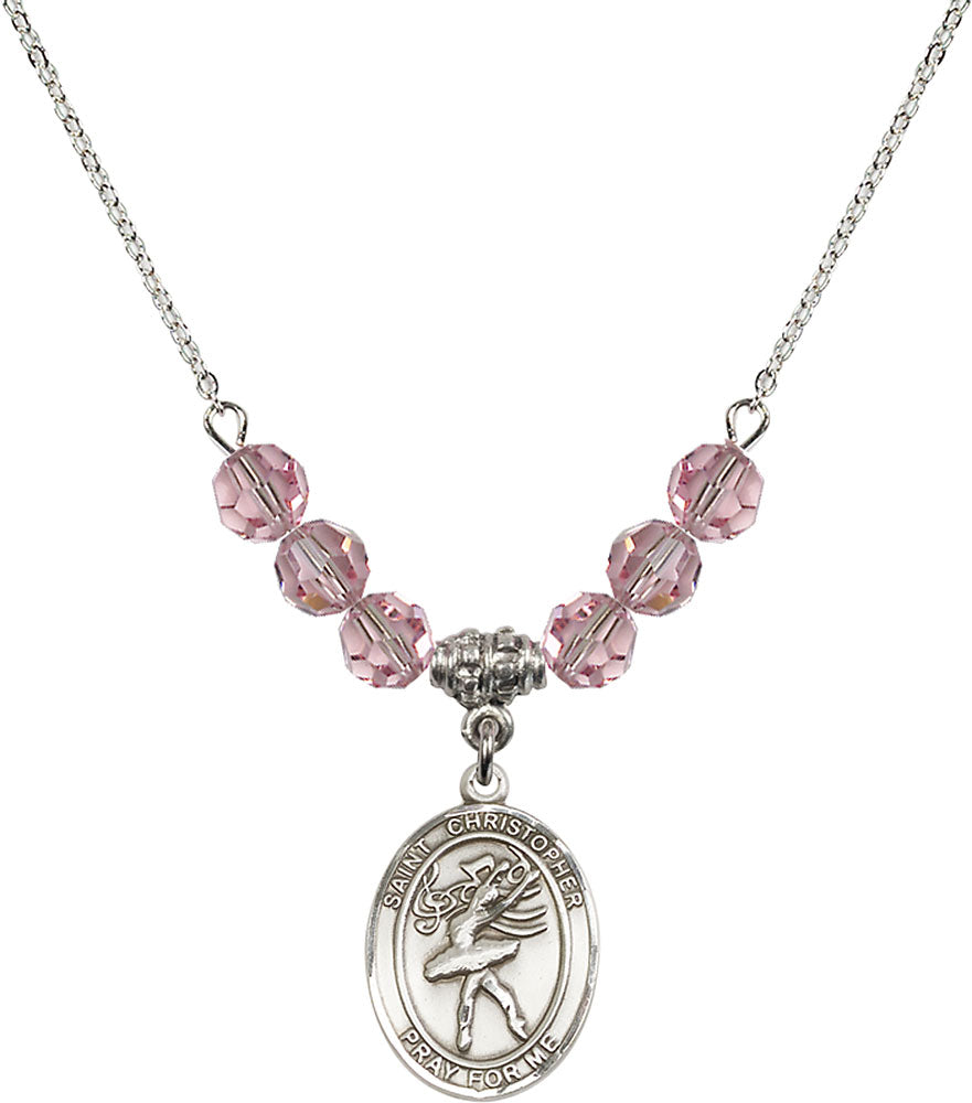 Sterling Silver Saint Christopher/Dance Birthstone Necklace with Light Rose Beads - 8512