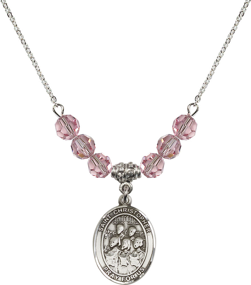 Sterling Silver Saint Christopher / Choir Birthstone Necklace with Light Rose Beads - 8514