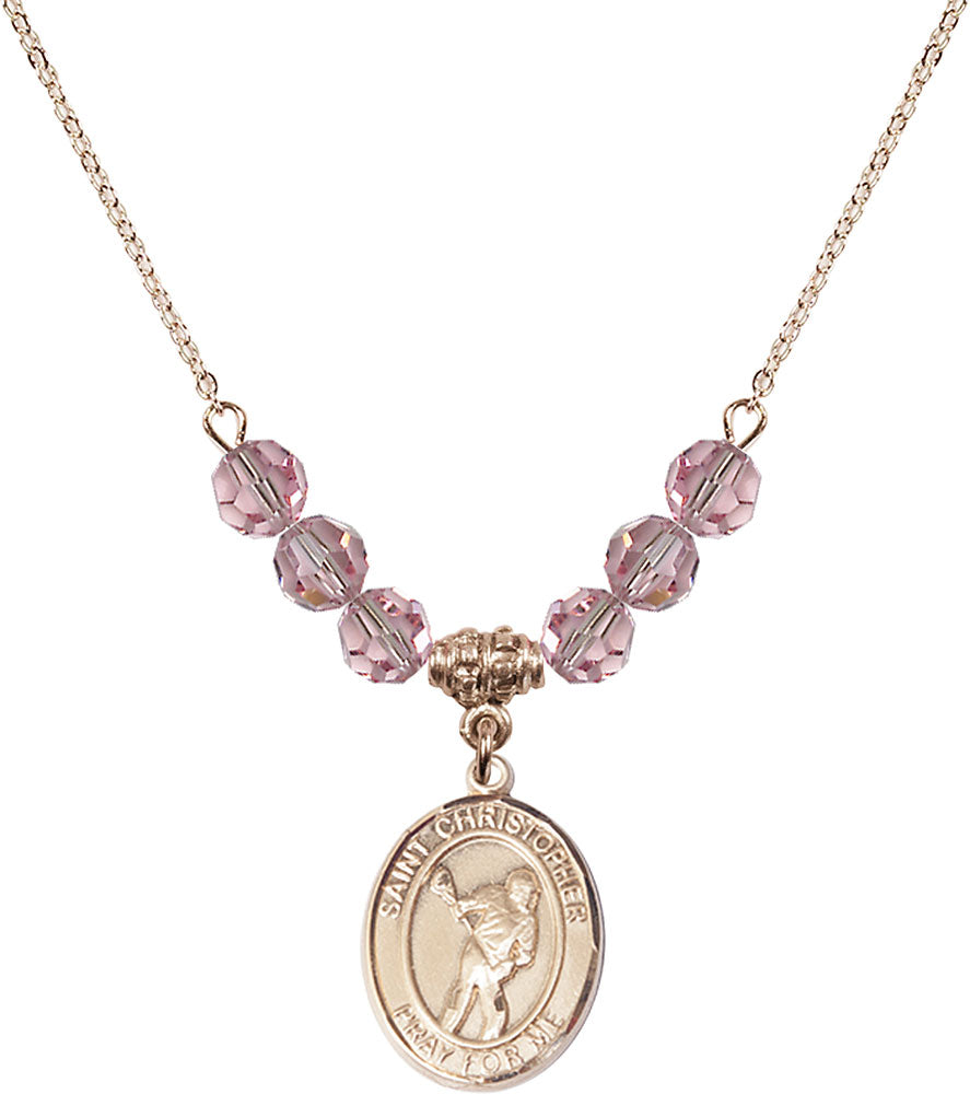 14kt Gold Filled Saint Christopher/Lacrosse Birthstone Necklace with Light Rose Beads - 8516