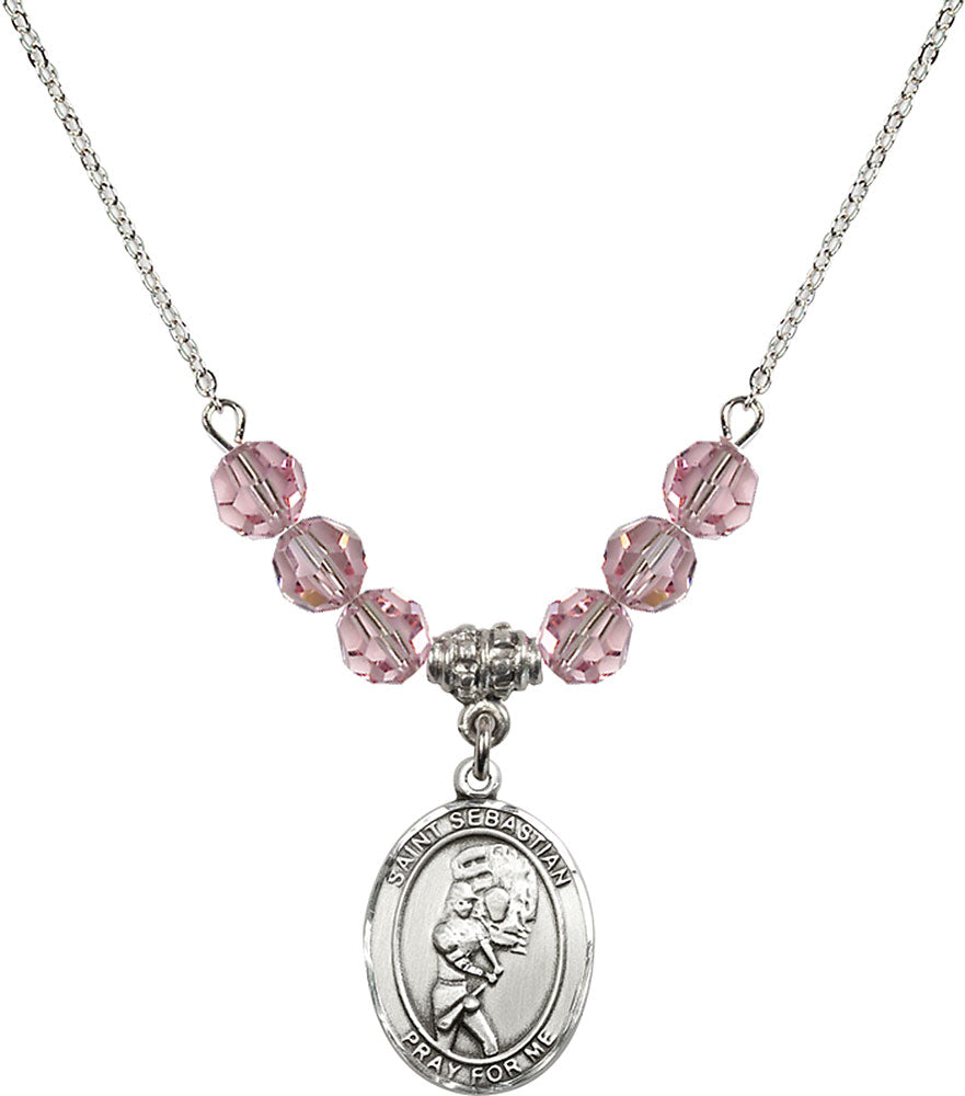 Sterling Silver Saint Sebastian/Softball Birthstone Necklace with Light Rose Beads - 8607