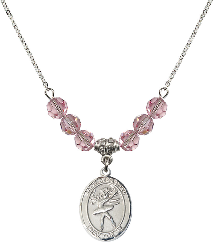 Sterling Silver Saint Sebastian / Dance Birthstone Necklace with Light Rose Beads - 8612