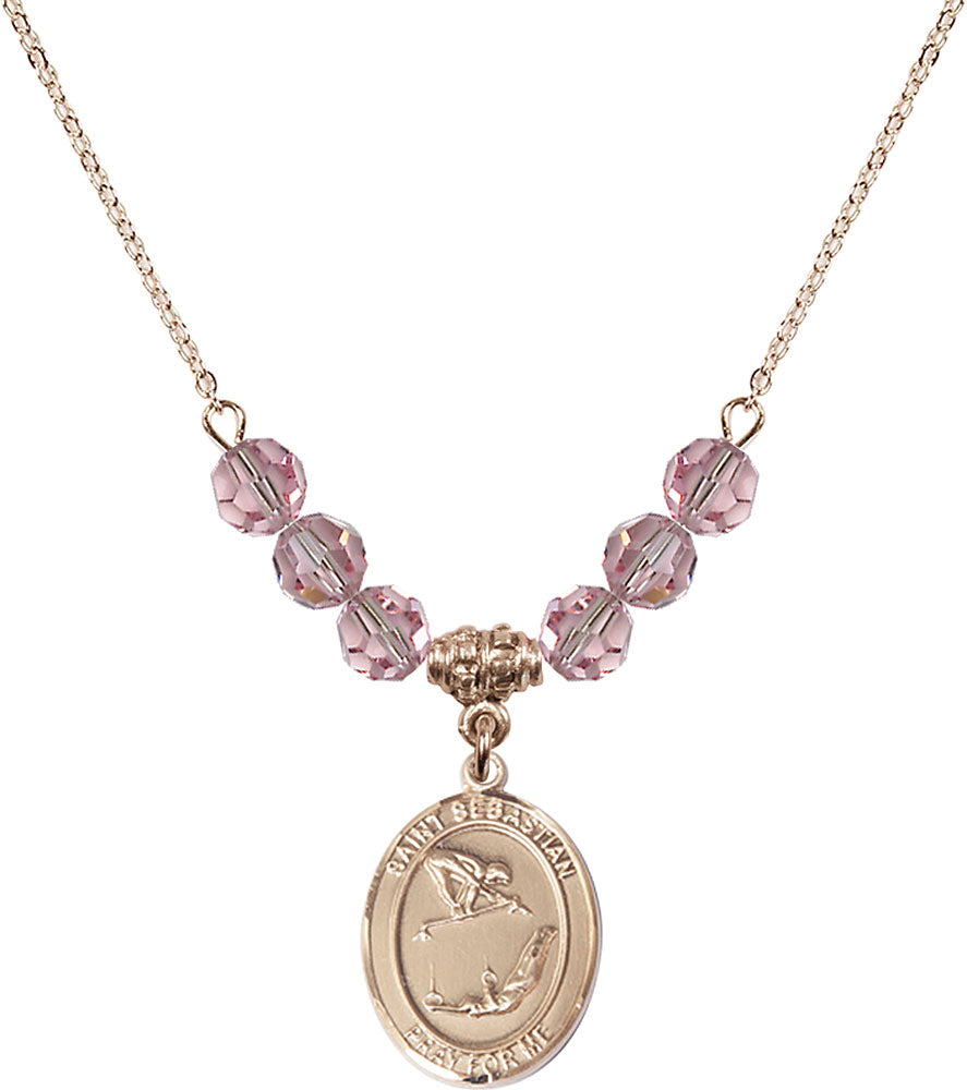 14kt Gold Filled Saint Sebastian/Gymnastics Birthstone Necklace with Light Rose Beads - 8613