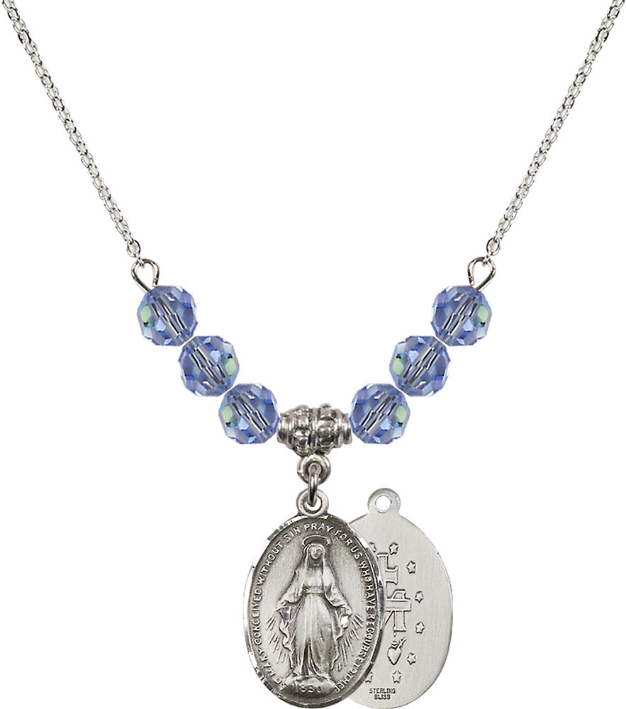 Sterling Silver Miraculous Birthstone Necklace with Light Sapphire Beads - 0015