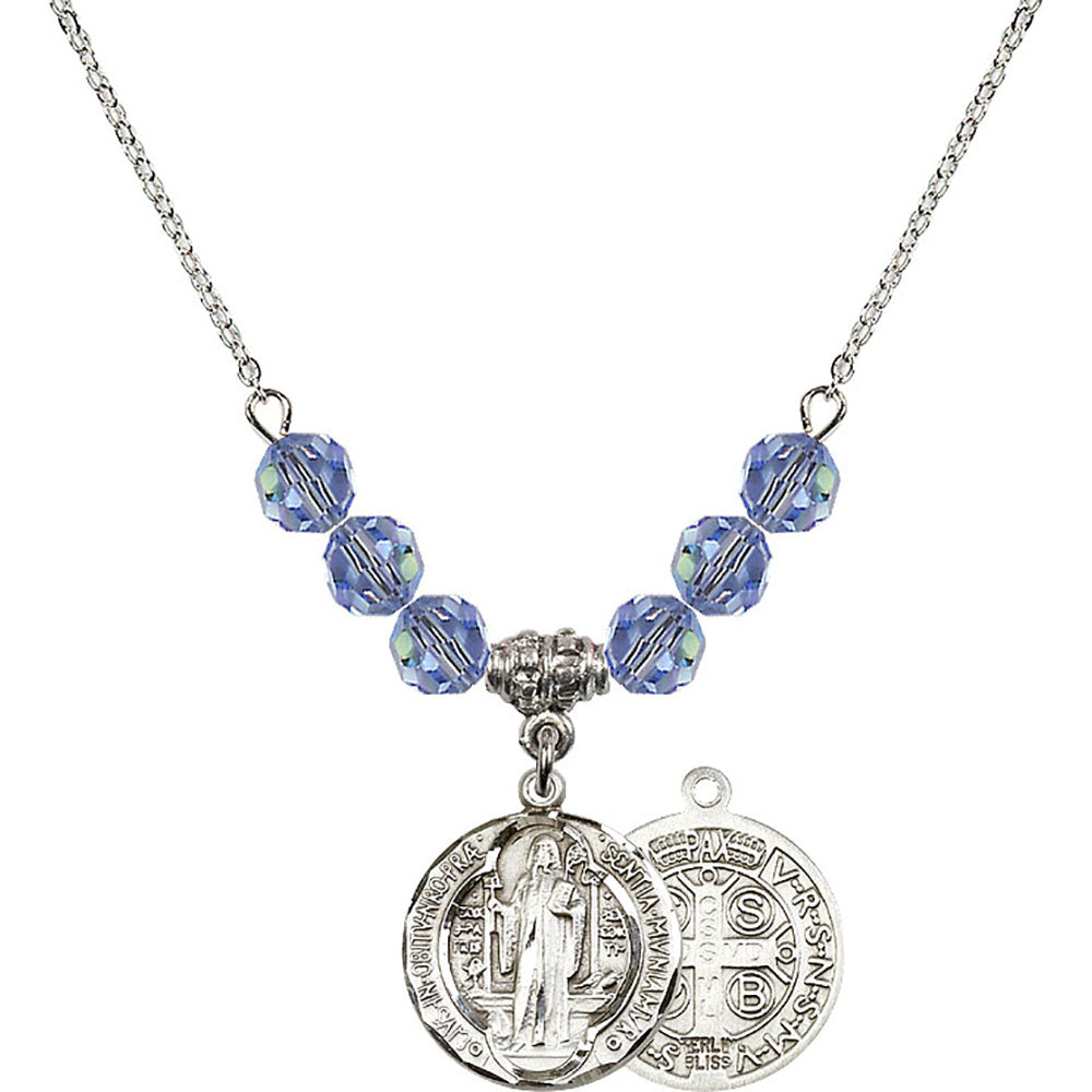 Sterling Silver Saint Benedict Birthstone Necklace with Light Sapphire Beads - 0026
