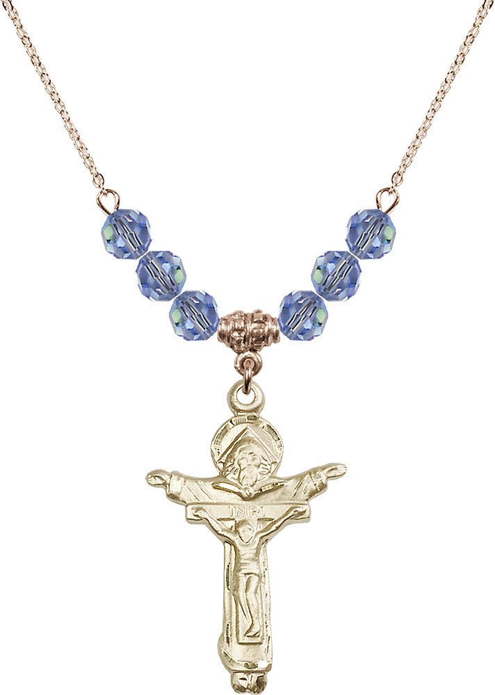 14kt Gold Filled Trinity Crucifix Birthstone Necklace with Light Sapphire Beads - 0065