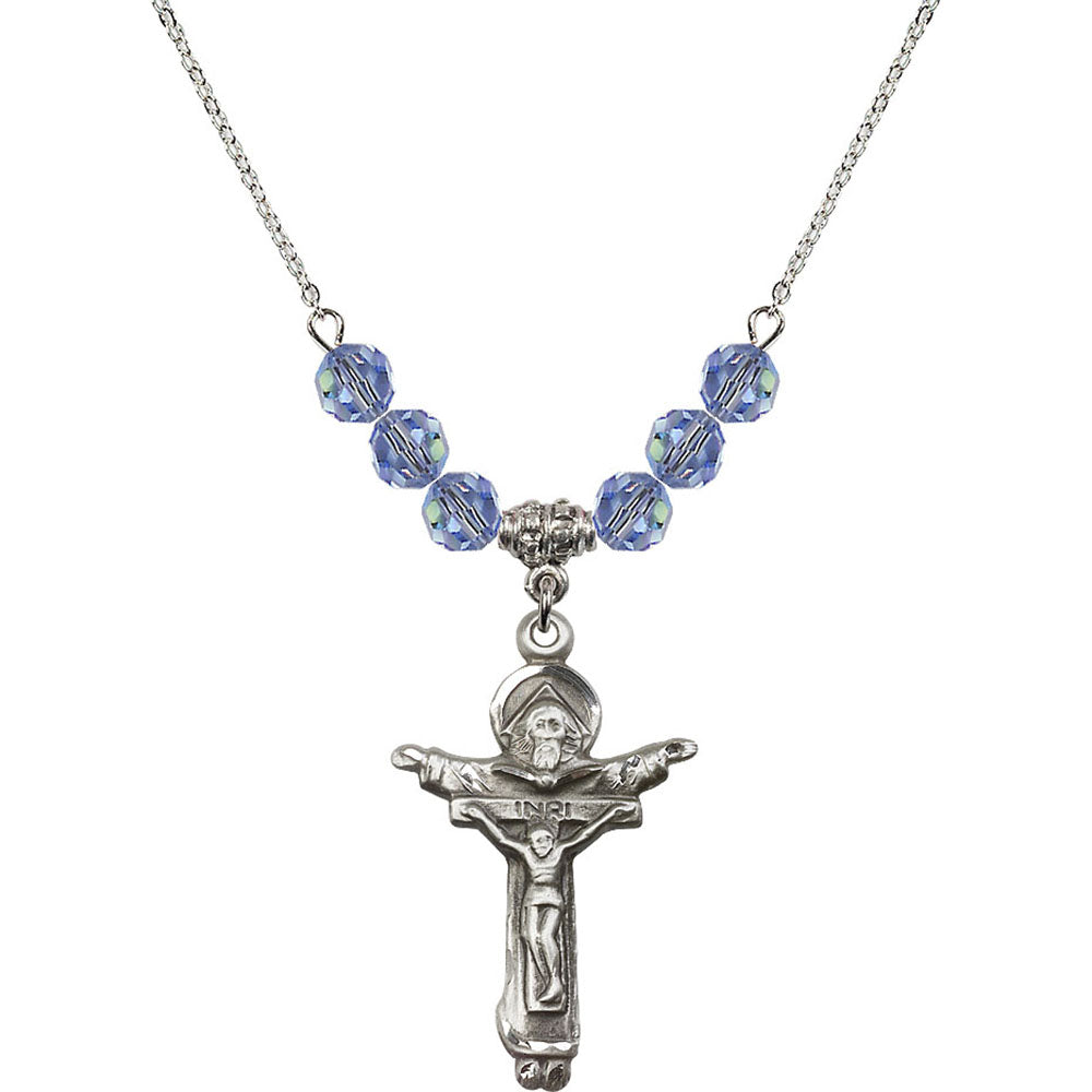 Sterling Silver Trinity Crucifix Birthstone Necklace with Light Sapphire Beads - 0065
