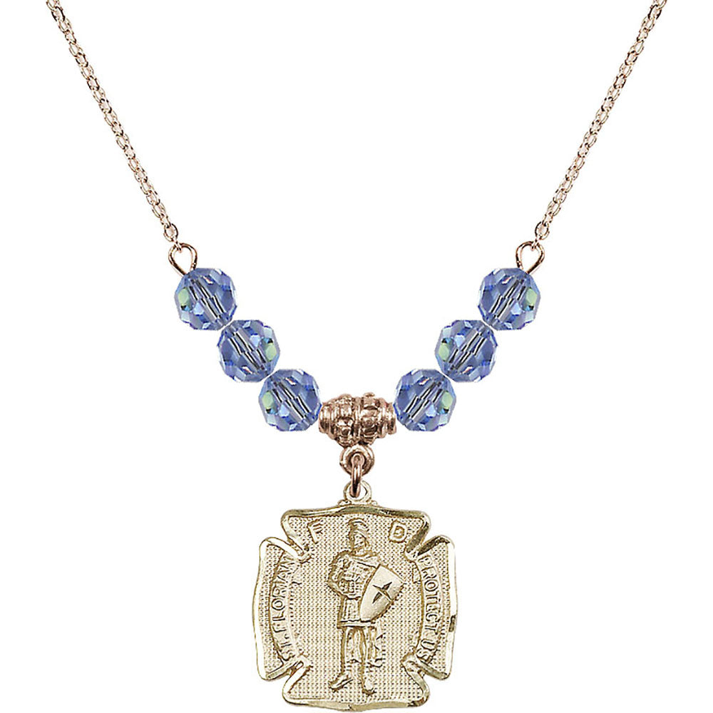 14kt Gold Filled Saint Florian Birthstone Necklace with Light Sapphire Beads - 0070