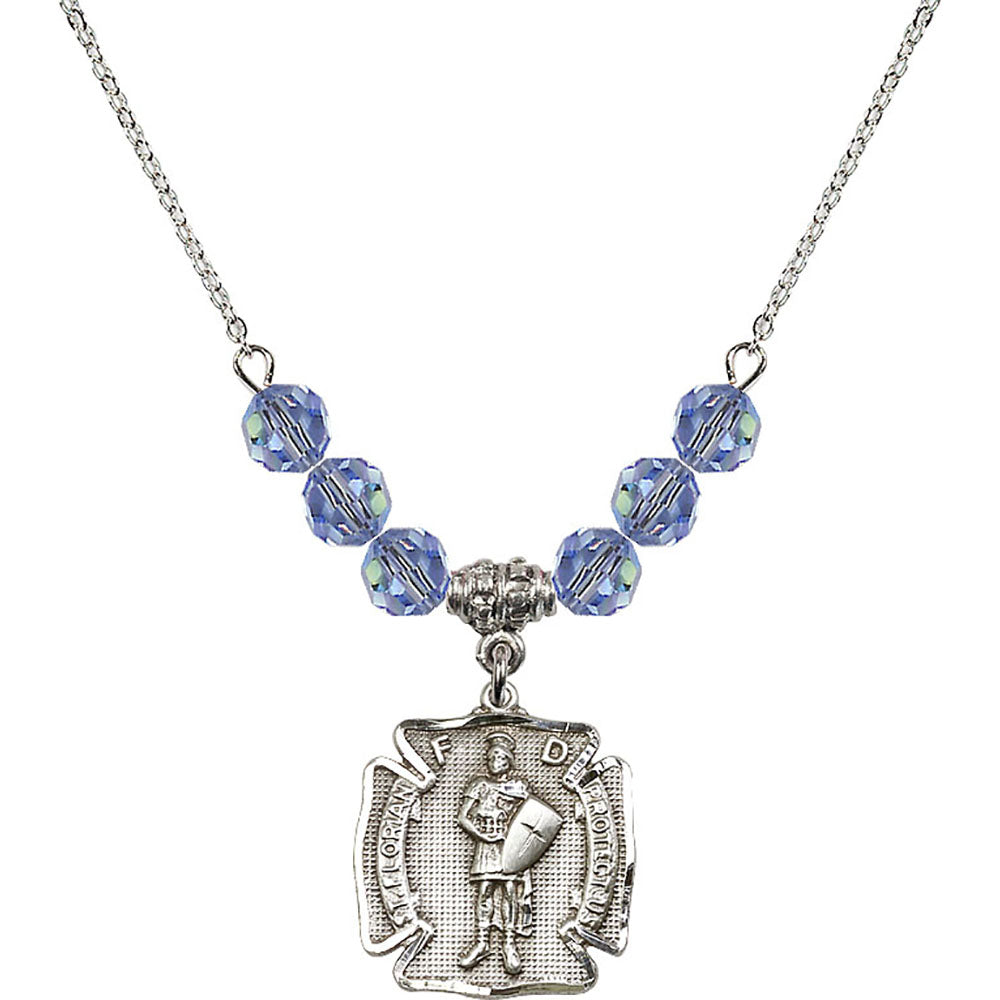Sterling Silver Saint Florian Birthstone Necklace with Light Sapphire Beads - 0070