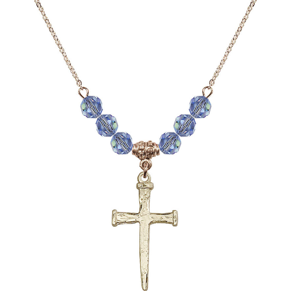 14kt Gold Filled Nail Cross Birthstone Necklace with Light Sapphire Beads - 0085