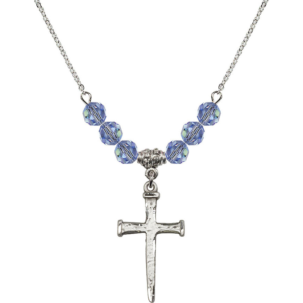 Sterling Silver Nail Cross Birthstone Necklace with Light Sapphire Beads - 0085