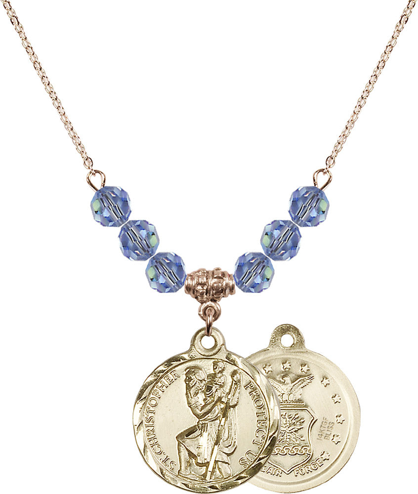 14kt Gold Filled Saint Christopher / Air Force Birthstone Necklace with Light Sapphire Beads - 0192