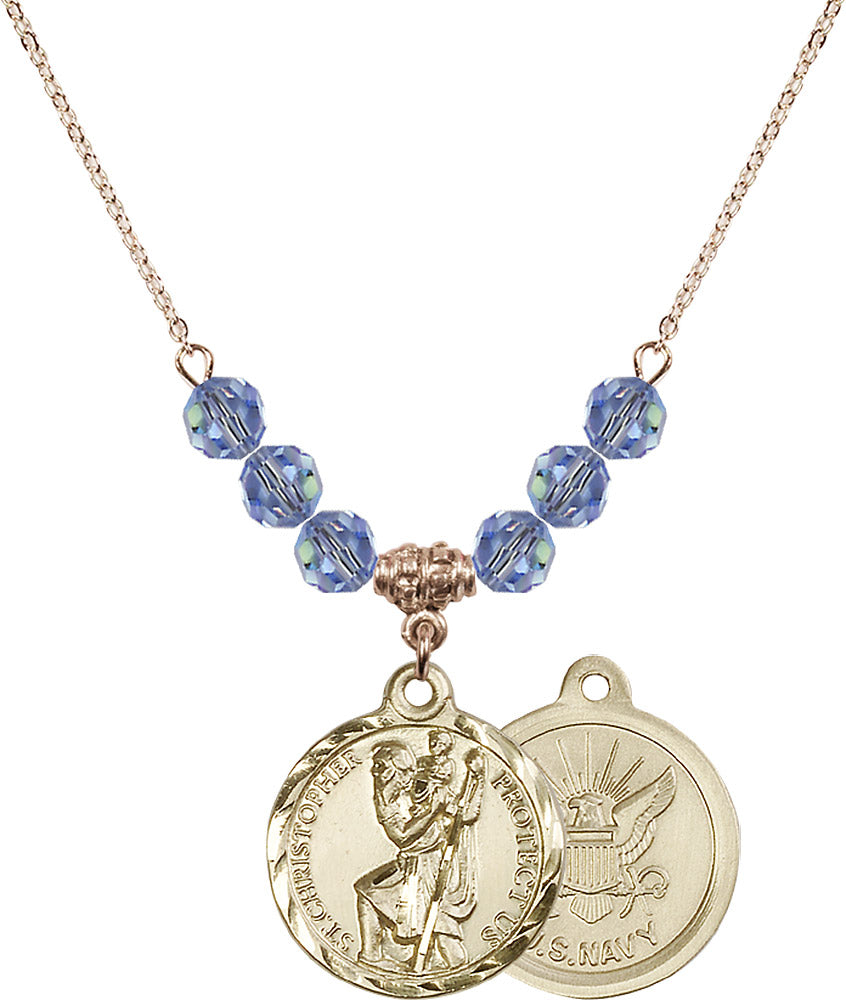 14kt Gold Filled Saint Christopher / Navy Birthstone Necklace with Light Sapphire Beads - 0192