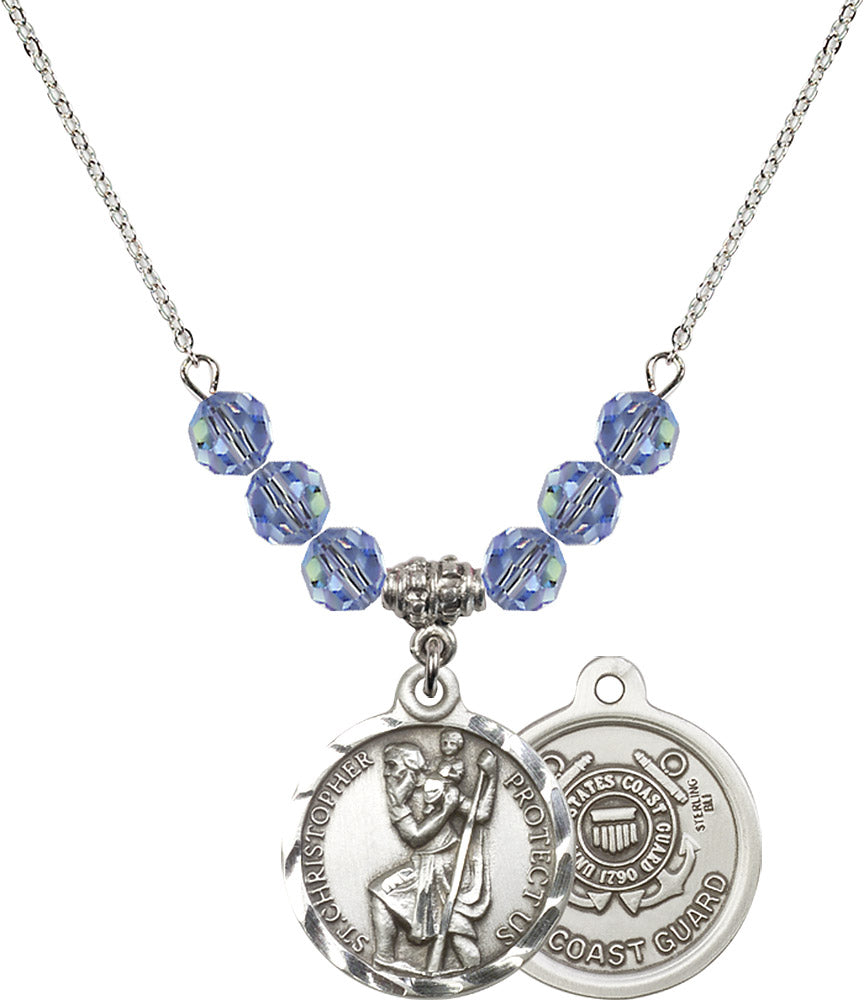 Sterling Silver Saint Christopher / Coast Guard Birthstone Necklace with Light Sapphire Beads - 0192
