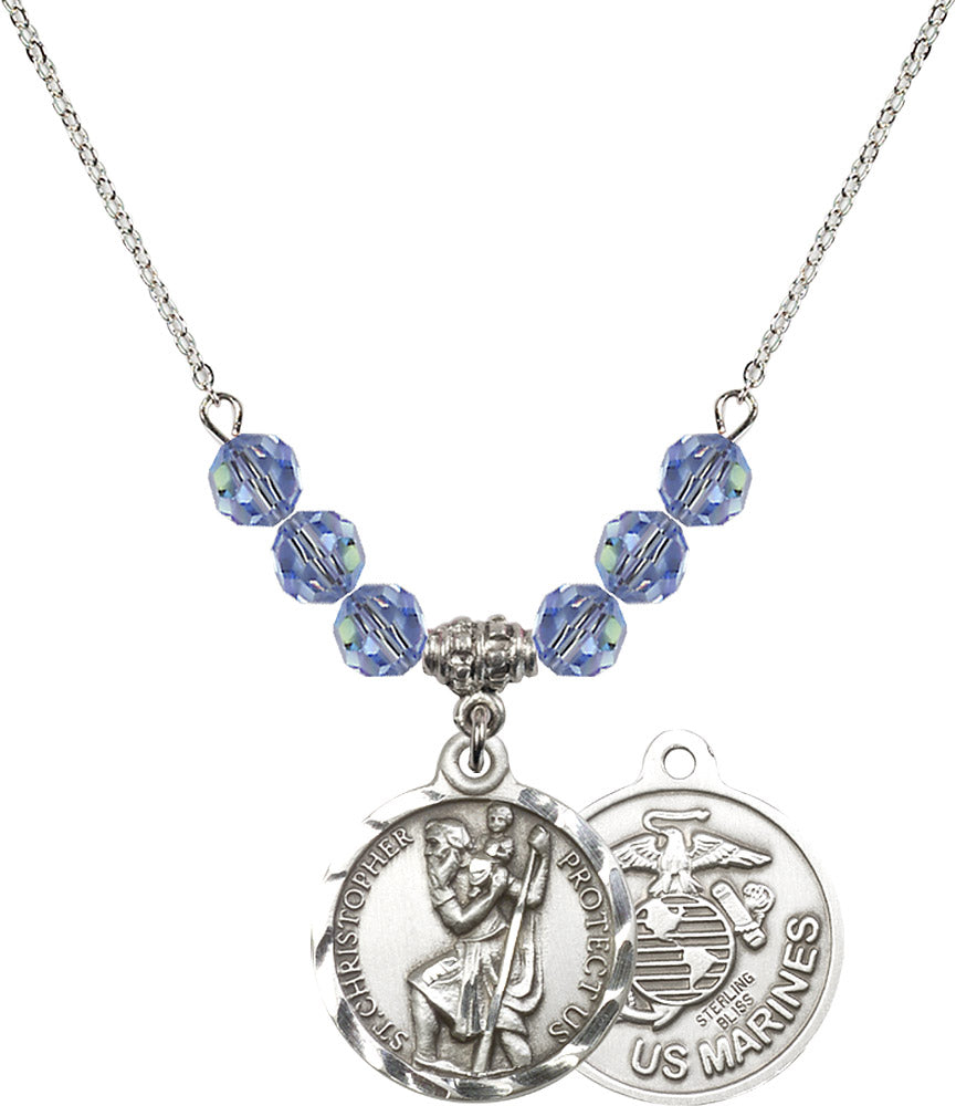 Sterling Silver Saint Christopher / Marines Birthstone Necklace with Light Sapphire Beads - 0192