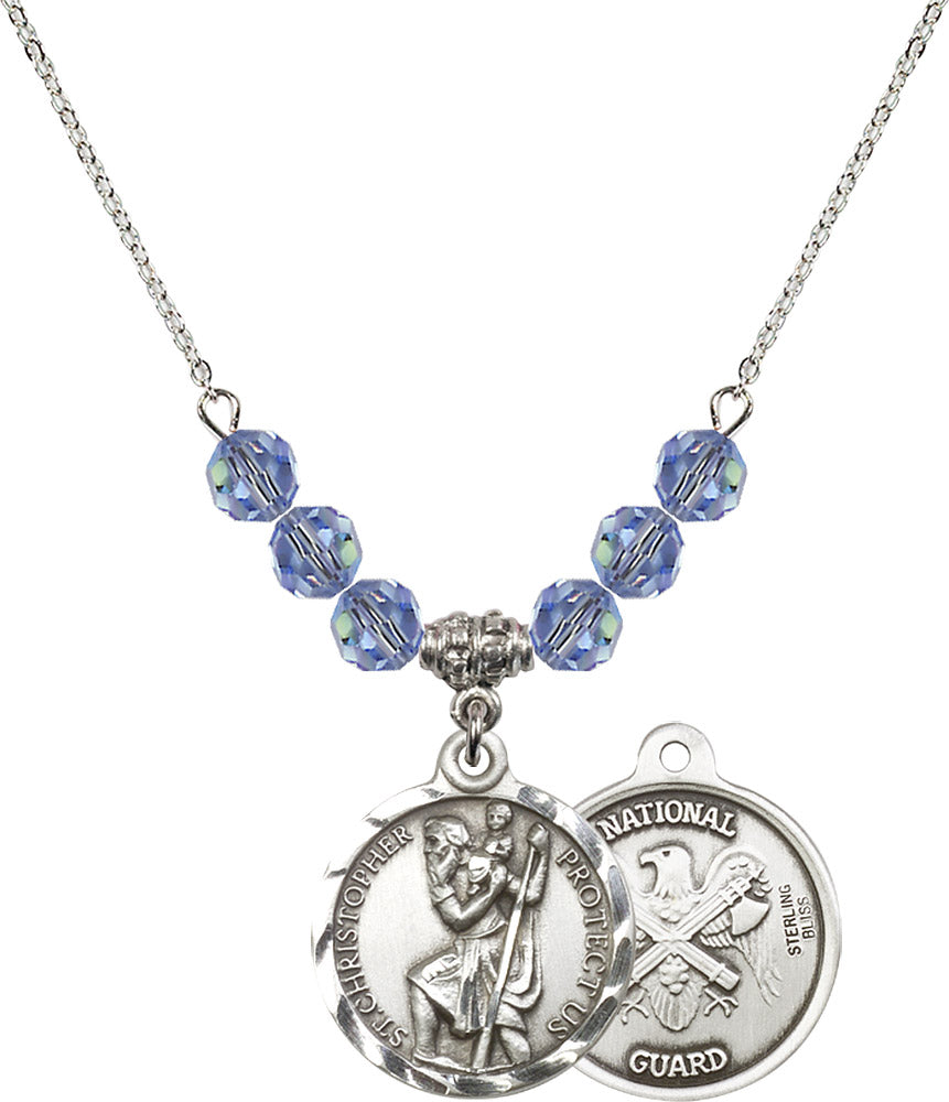 Sterling Silver Saint Christopher / Nat'l Guard Birthstone Necklace with Light Sapphire Beads - 0192