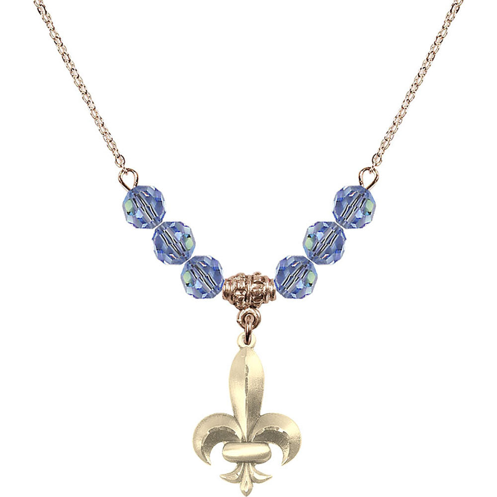14kt Gold Filled Fleur de Lis Birthstone Necklace with Light Sapphire Beads - 0294