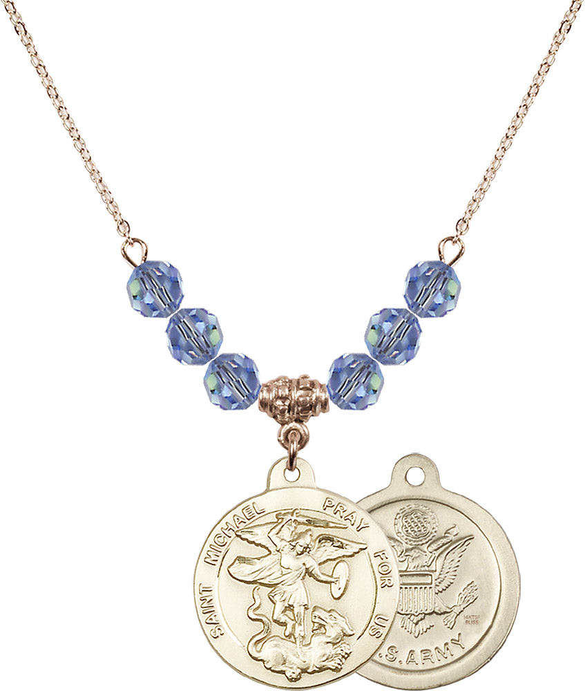14kt Gold Filled Saint Michael / Army Birthstone Necklace with Light Sapphire Beads - 0342