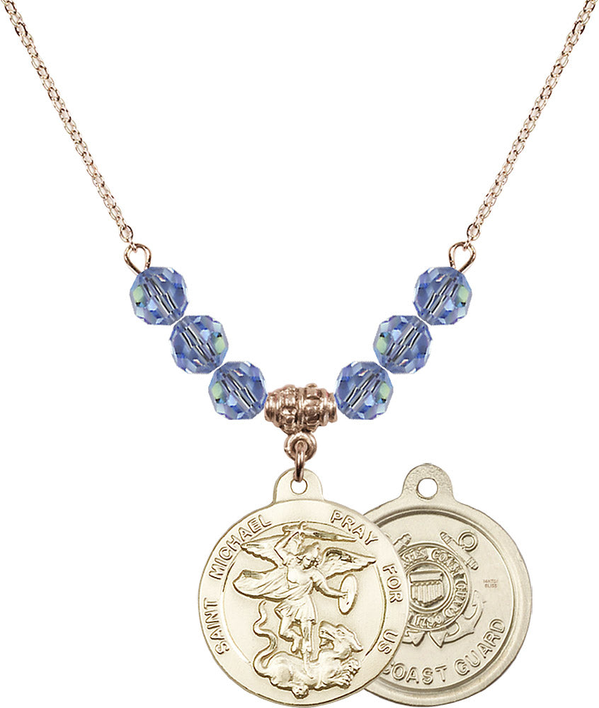 14kt Gold Filled Saint Michael / Coast Guard Birthstone Necklace with Light Sapphire Beads - 0342