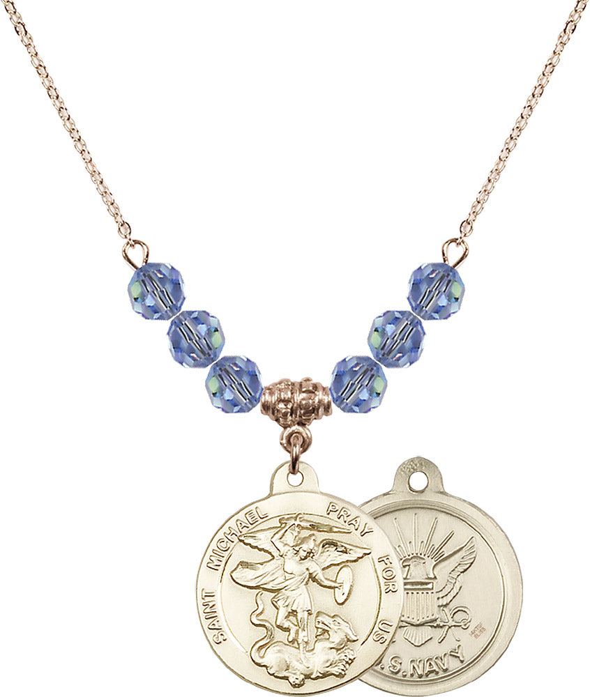 14kt Gold Filled Saint Michael / Navy Birthstone Necklace with Light Sapphire Beads - 0342