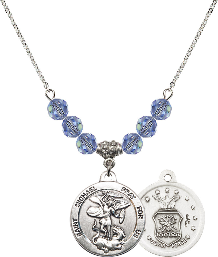 Sterling Silver Saint Michael / Air Force Birthstone Necklace with Light Sapphire Beads - 0342
