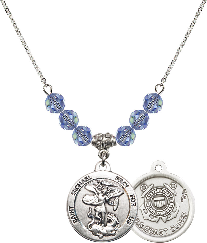 Sterling Silver Saint Michael / Coast Guard Birthstone Necklace with Light Sapphire Beads - 0342