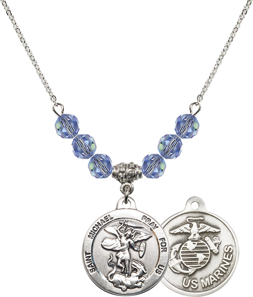 Sterling Silver Saint Michael / Marines Birthstone Necklace with Light Sapphire Beads - 0342