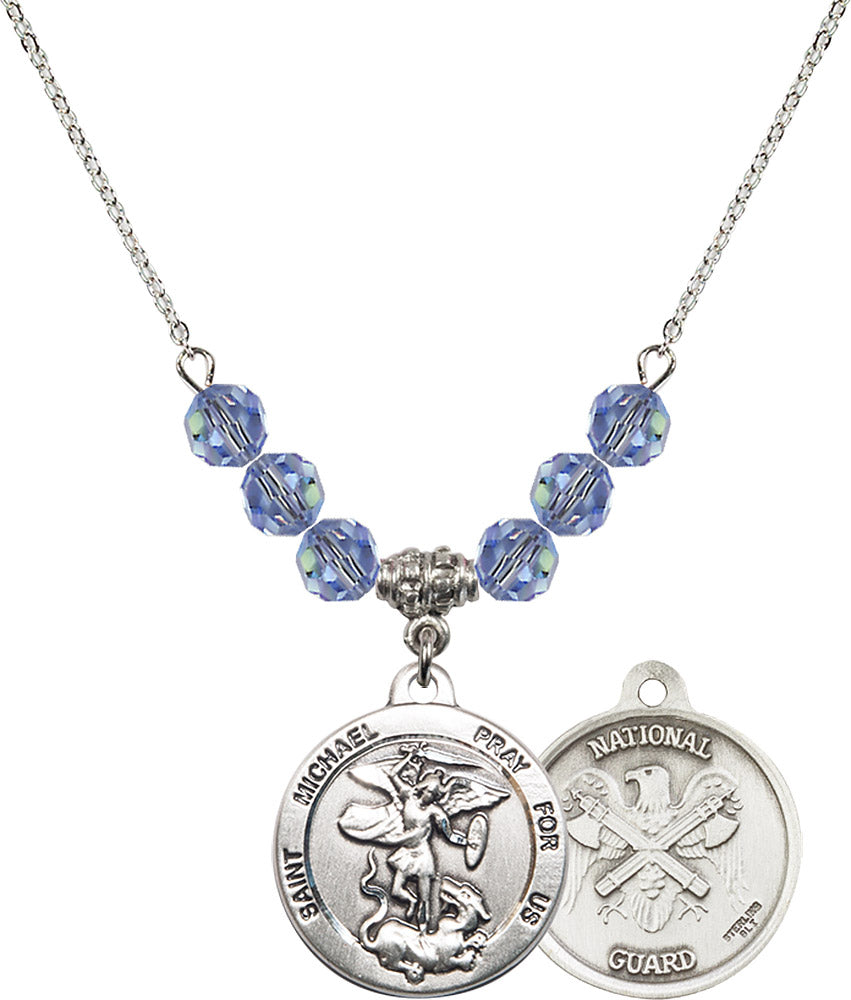 Sterling Silver Saint Michael / Nat'l Guard Birthstone Necklace with Light Sapphire Beads - 0342