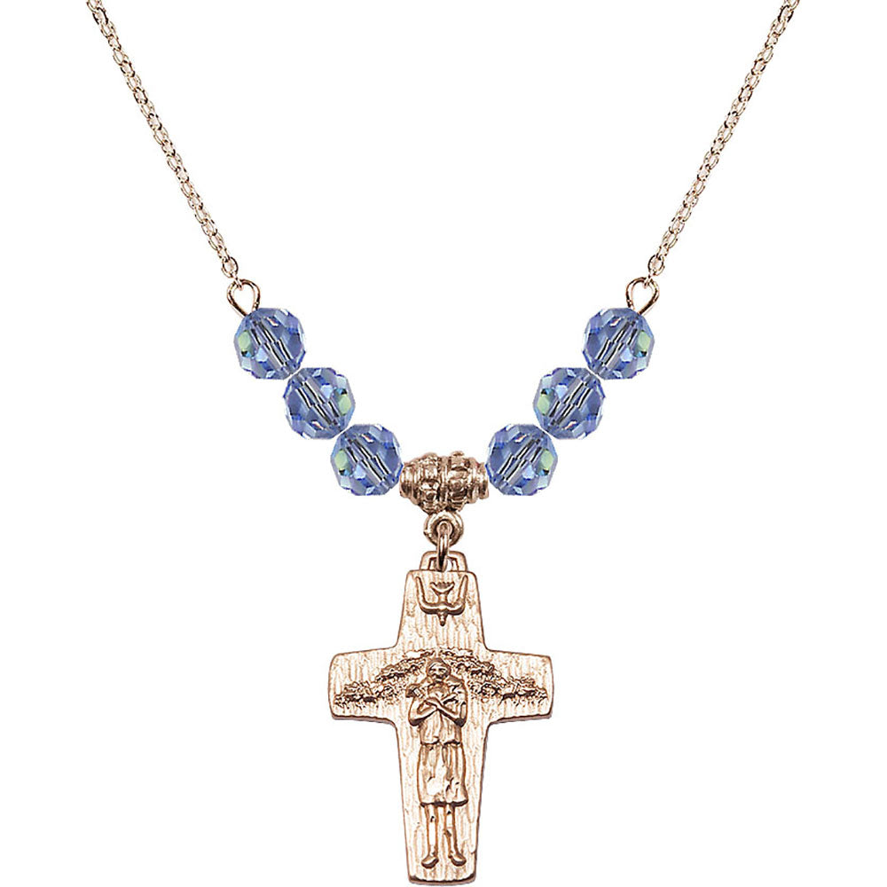 14kt Gold Filled Papal Crucifix Birthstone Necklace with Light Sapphire Beads - 0569