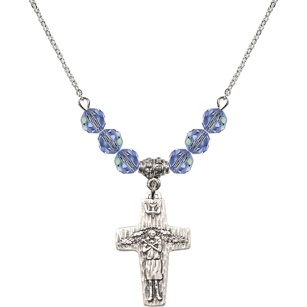Sterling Silver Papal Crucifix Birthstone Necklace with Light Sapphire Beads - 0569