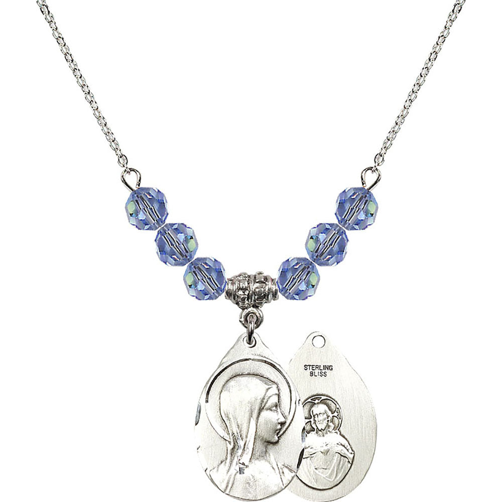 Sterling Silver Sorrowful Mother Birthstone Necklace with Light Sapphire Beads - 0599