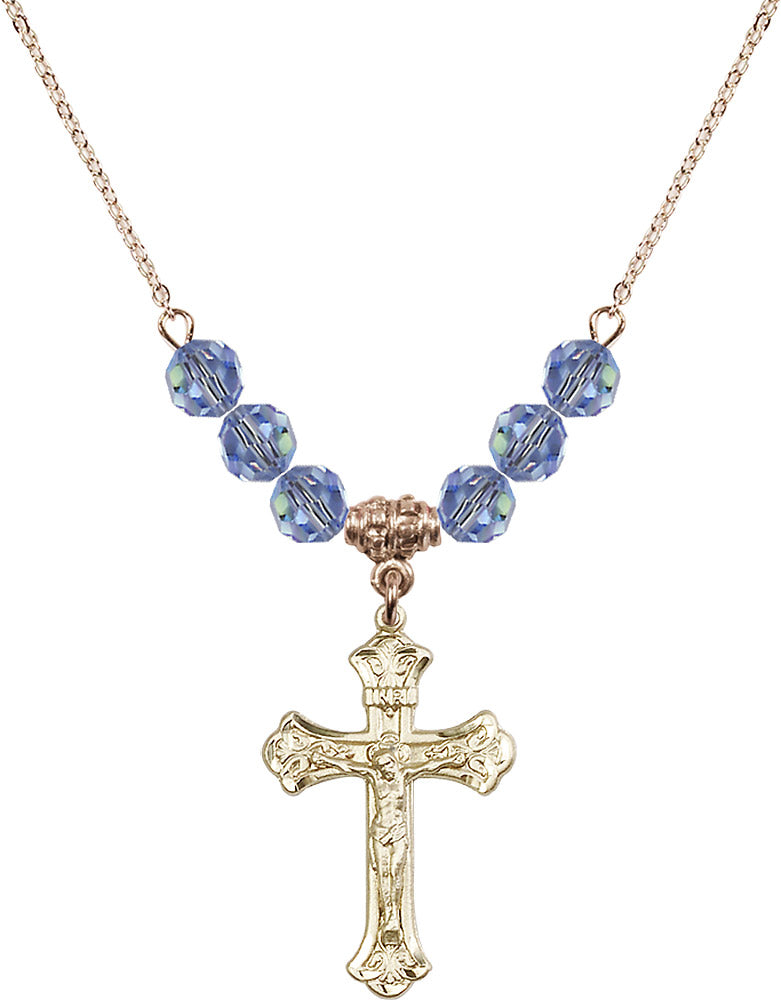 14kt Gold Filled Crucifix Birthstone Necklace with Light Sapphire Beads - 0622