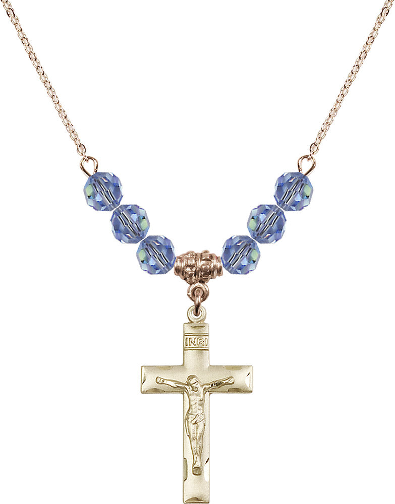 14kt Gold Filled Crucifix Birthstone Necklace with Light Sapphire Beads - 0624