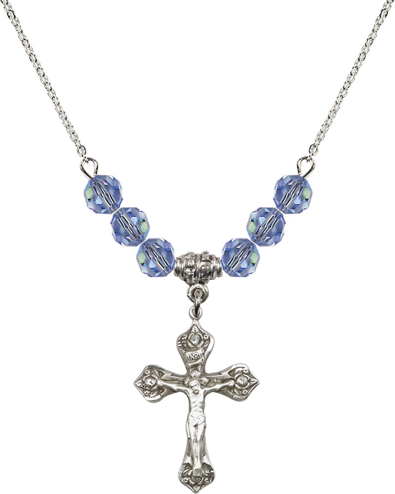 Sterling Silver Crucifix Birthstone Necklace with Light Sapphire Beads - 0662