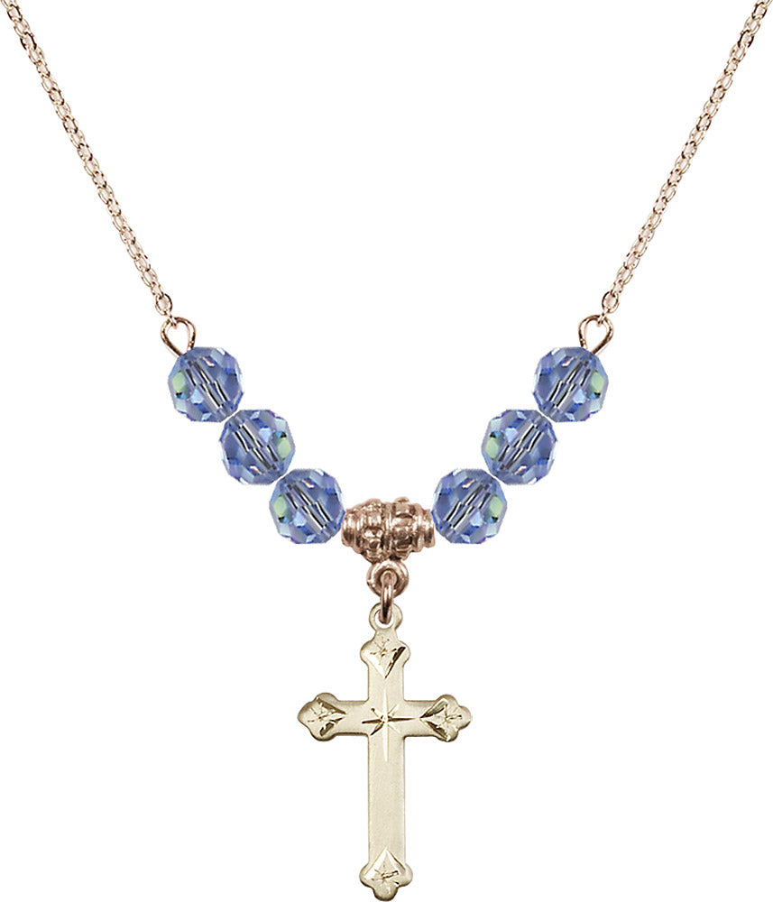 14kt Gold Filled Cross Birthstone Necklace with Light Sapphire Beads - 0667