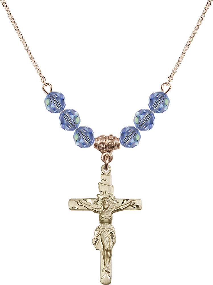 14kt Gold Filled Crucifix Birthstone Necklace with Light Sapphire Beads - 0668
