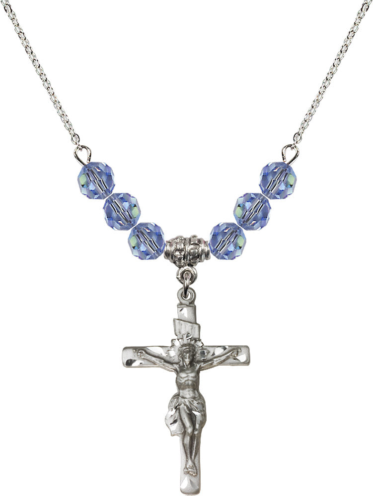 Sterling Silver Crucifix Birthstone Necklace with Light Sapphire Beads - 0668
