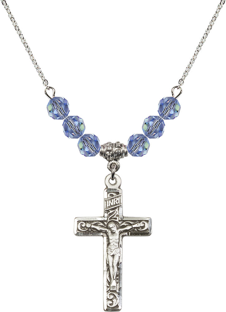 Sterling Silver Crucifix Birthstone Necklace with Light Sapphire Beads - 0674