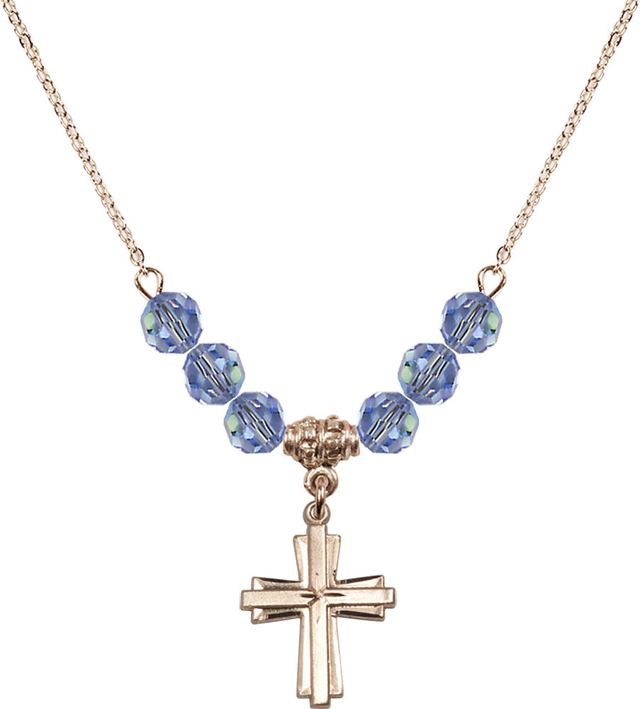 14kt Gold Filled Cross Birthstone Necklace with Light Sapphire Beads - 0675