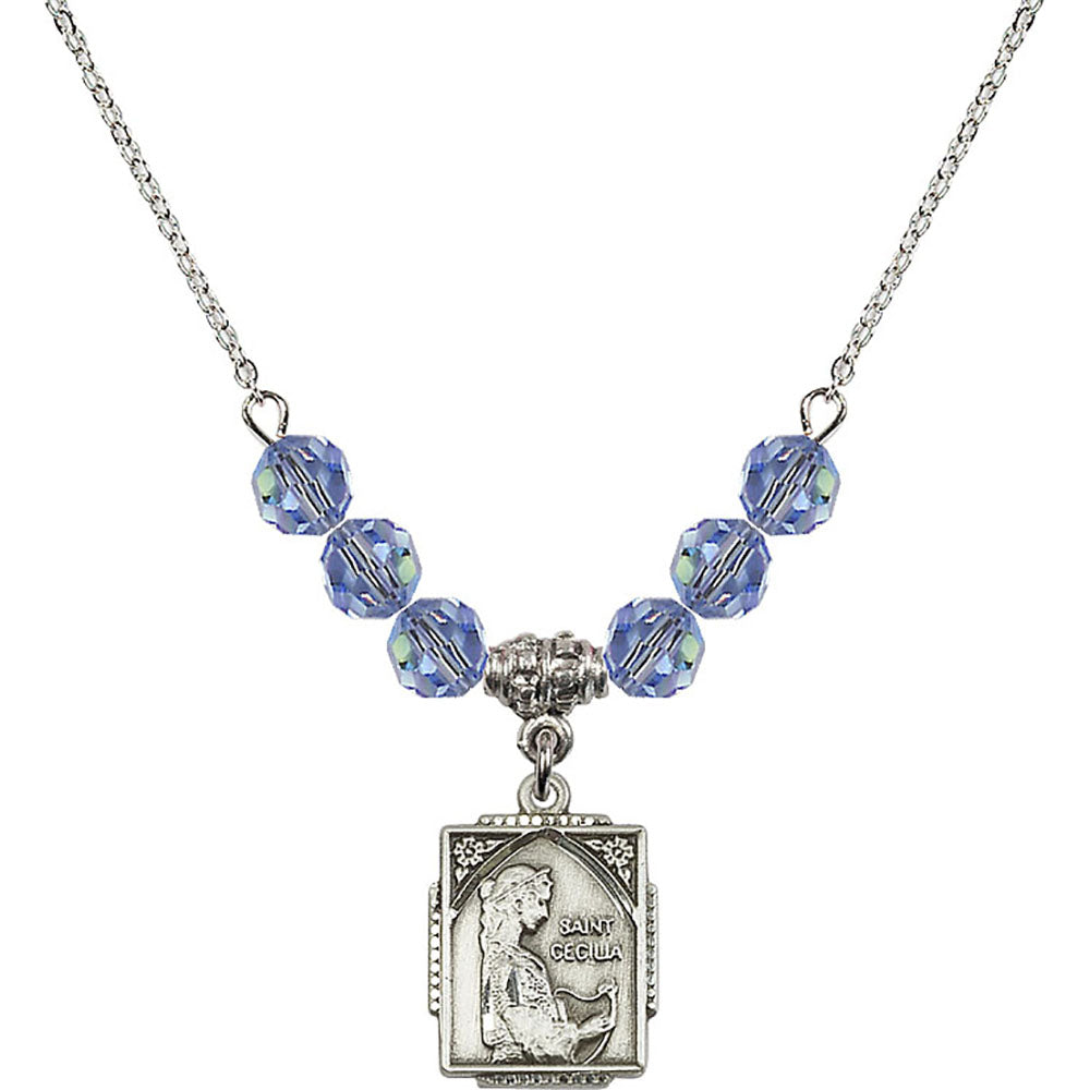 Sterling Silver Saint Cecilia Birthstone Necklace with Light Sapphire Beads - 0804