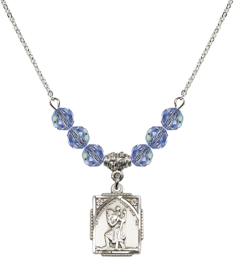 Sterling Silver Saint Christopher Birthstone Necklace with Light Sapphire Beads - 0804