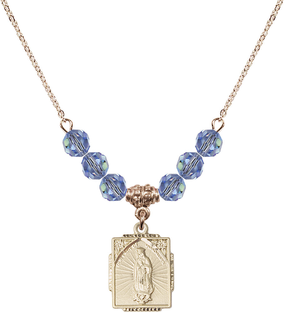14kt Gold Filled Our Lady of Guadalupe Birthstone Necklace with Light Sapphire Beads - 0804