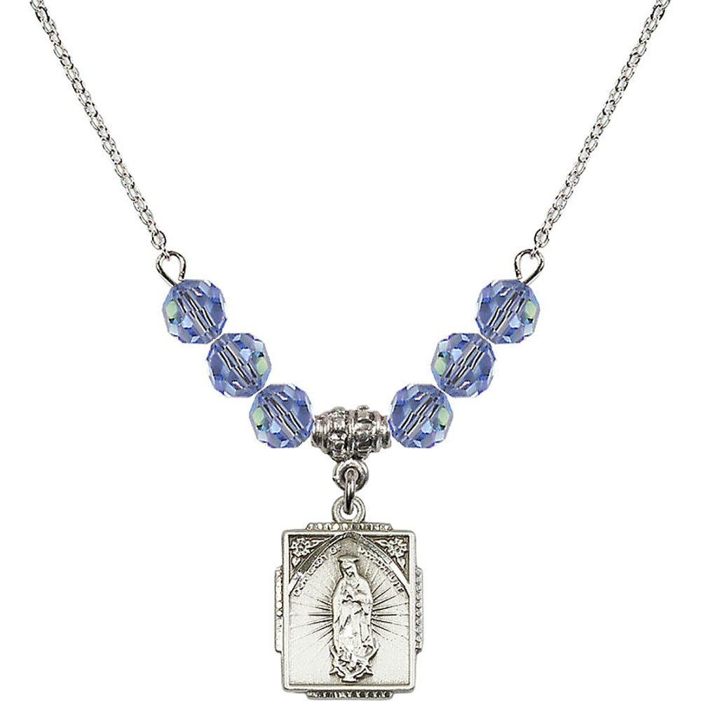 Sterling Silver Our Lady of Guadalupe Birthstone Necklace with Light Sapphire Beads - 0804