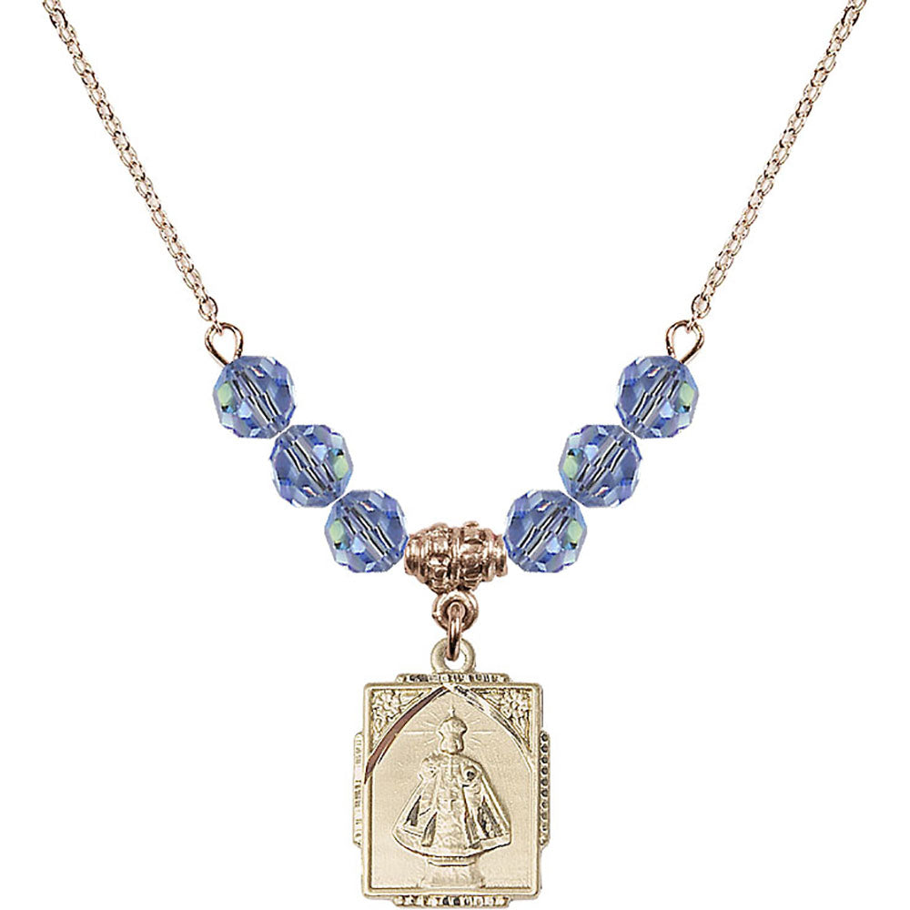 14kt Gold Filled Infant of Prague Birthstone Necklace with Light Sapphire Beads - 0804
