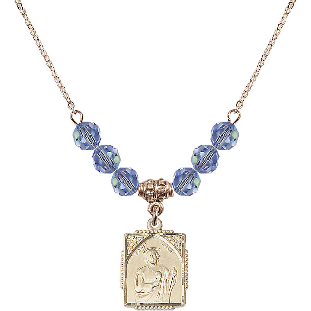 14kt Gold Filled Saint Jude Birthstone Necklace with Light Sapphire Beads - 0804
