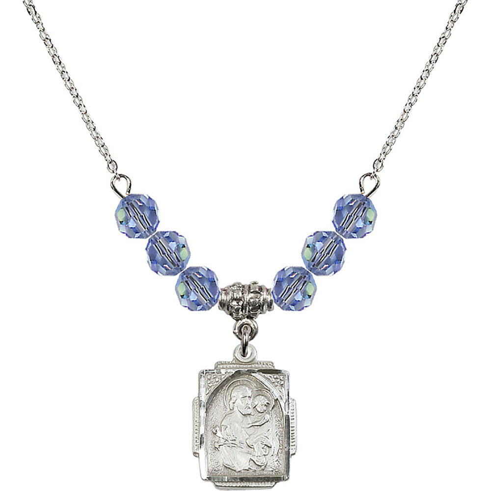 Sterling Silver Saint Joseph Birthstone Necklace with Light Sapphire Beads - 0804