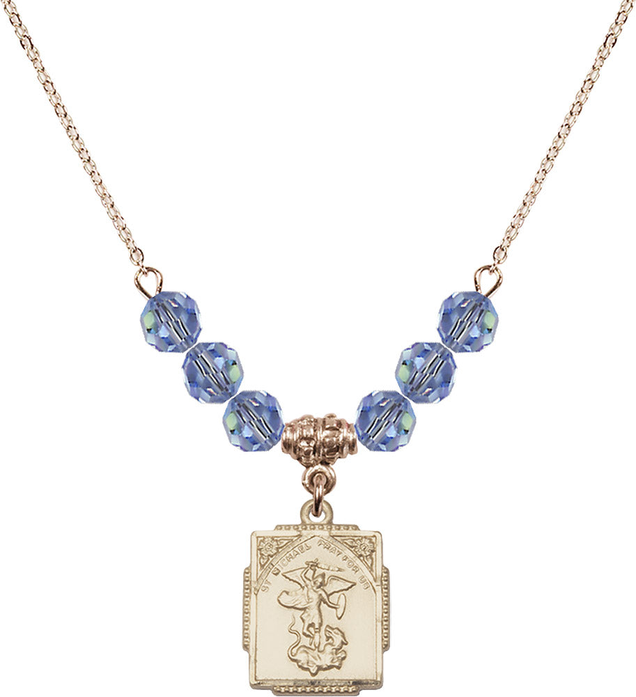 14kt Gold Filled Saint Michael the Archangel Birthstone Necklace with Light Sapphire Beads - 0804