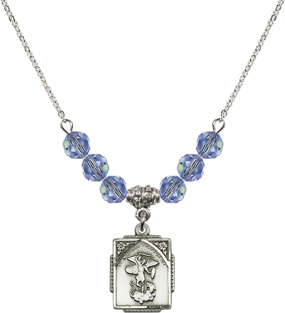 Sterling Silver Saint Michael the Archangel Birthstone Necklace with Light Sapphire Beads - 0804