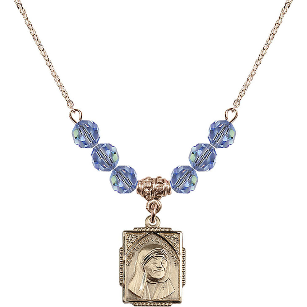 14kt Gold Filled Saint Teresa of Calcutta Birthstone Necklace with Light Sapphire Beads - 0804